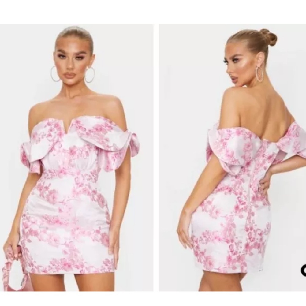 PrettyLittleThing Pink V Bar Jacquard Bodycon Dress 10
